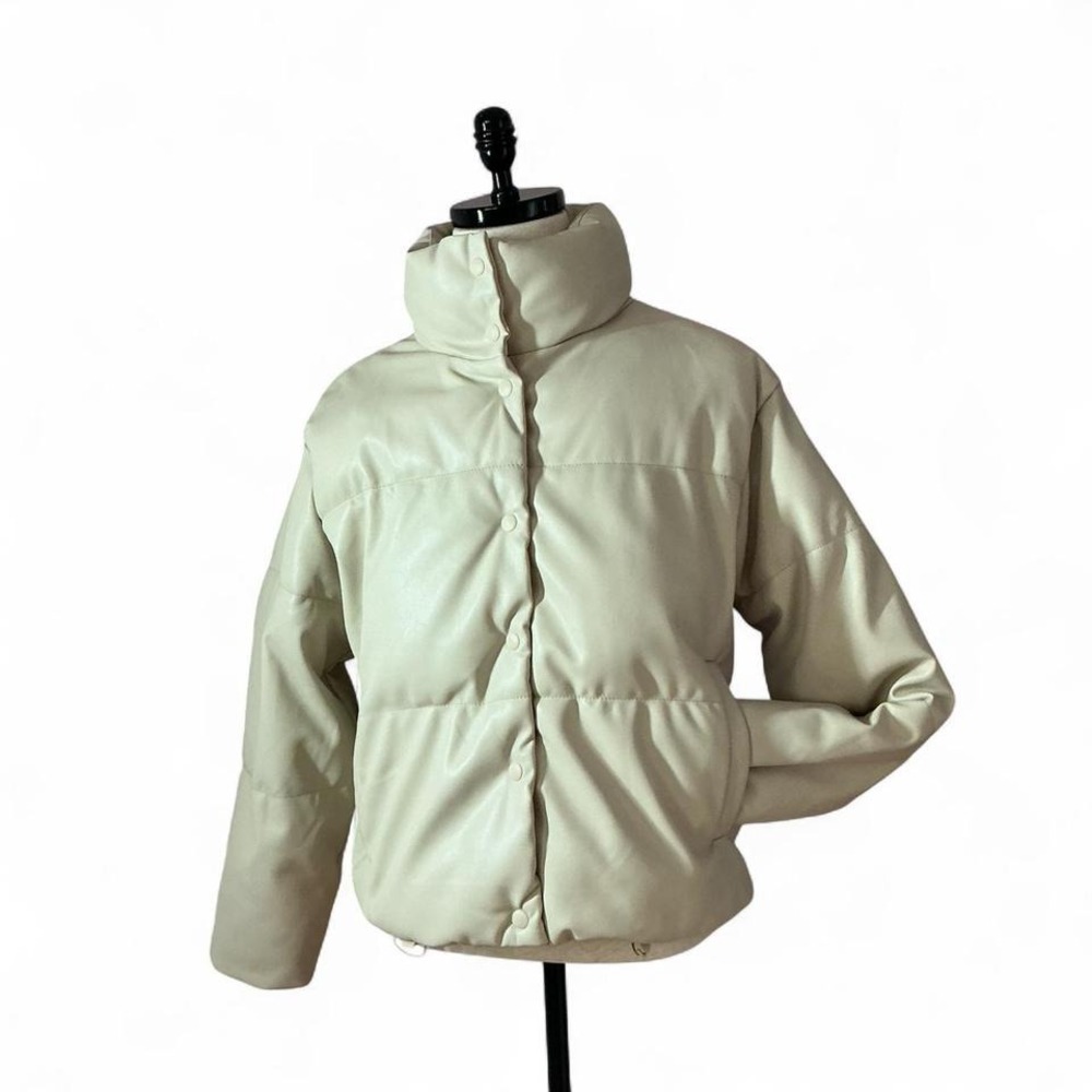 Stradivarius‎ Faux Leather Puffer Jacket Beige Button Up Coat Size L